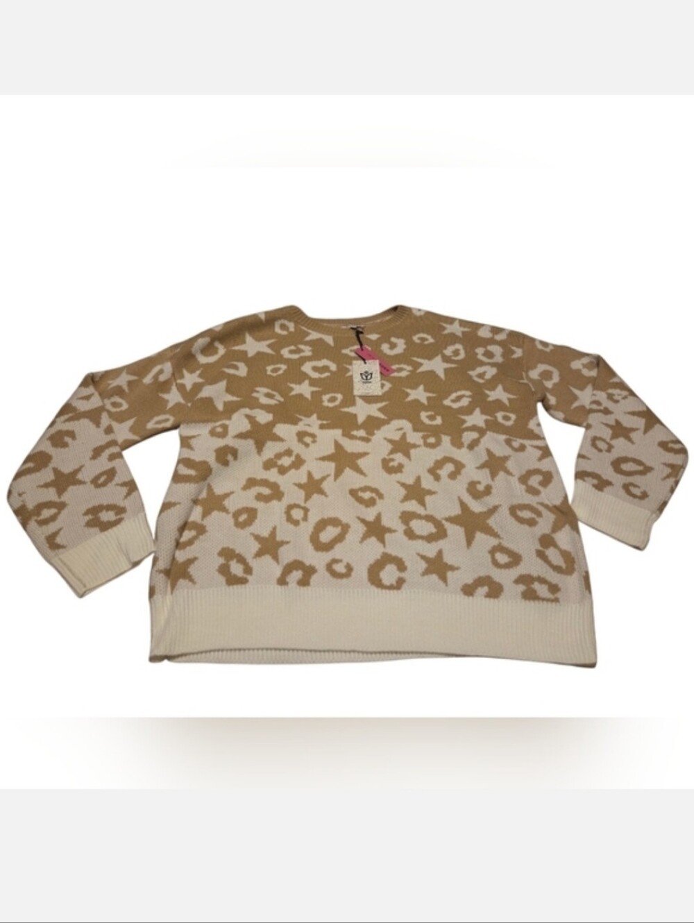 Women’s Andree by Unit Taupe/Ivory Star & Leopard Print Scoop Neck Sweater